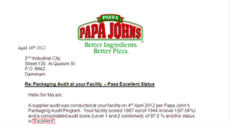Easternpak Achieves Papa John’s Excellent Supplier Status