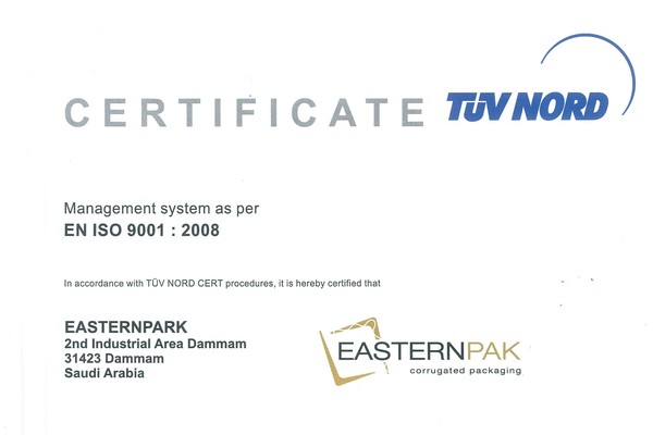EASTERNPAK Maintains High Quality Standards with ISO 9001:2008 & FEFCO GMP Certification