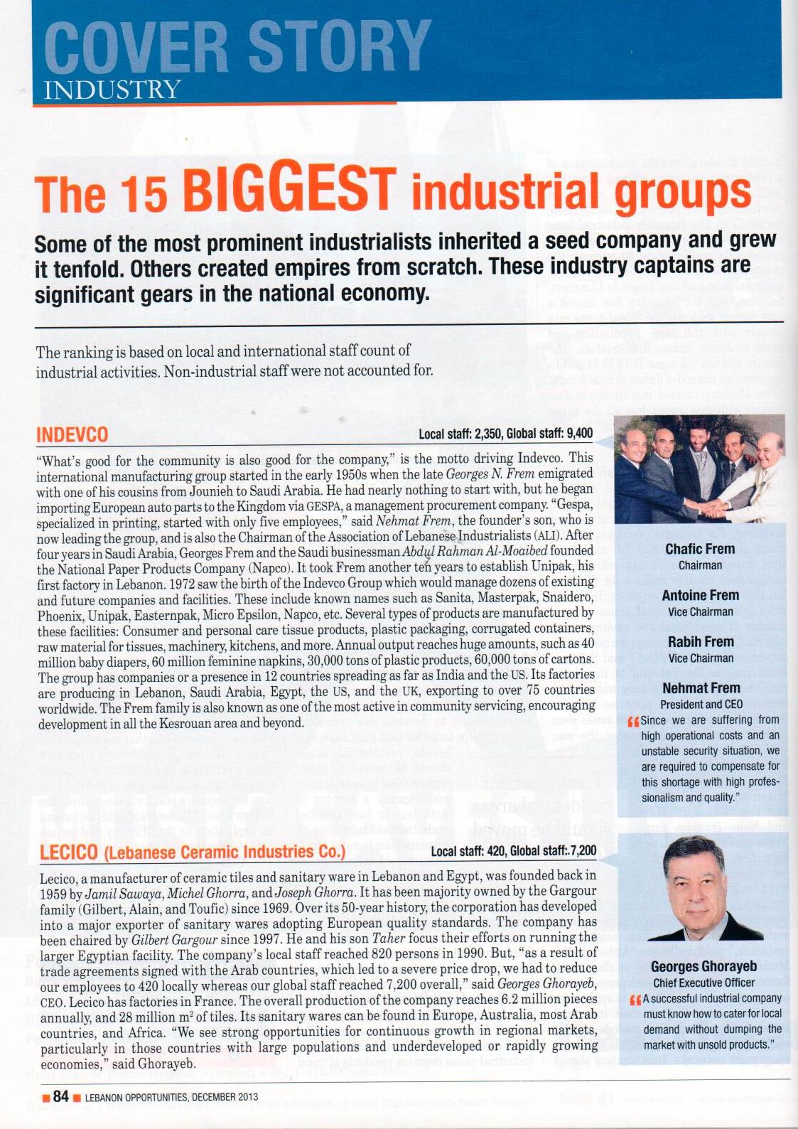 Lebanon Opportunities Ranks INDEVCO Group as Largest Industrial Group in Lebanon